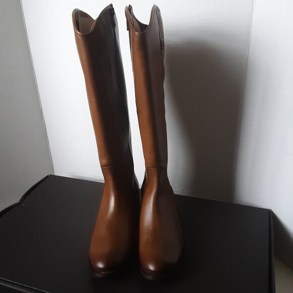 Frye Marissa Medallion Women's Cognac Leather Tall Riding Low Heel Boots size 7M - Picture 2 of 10
